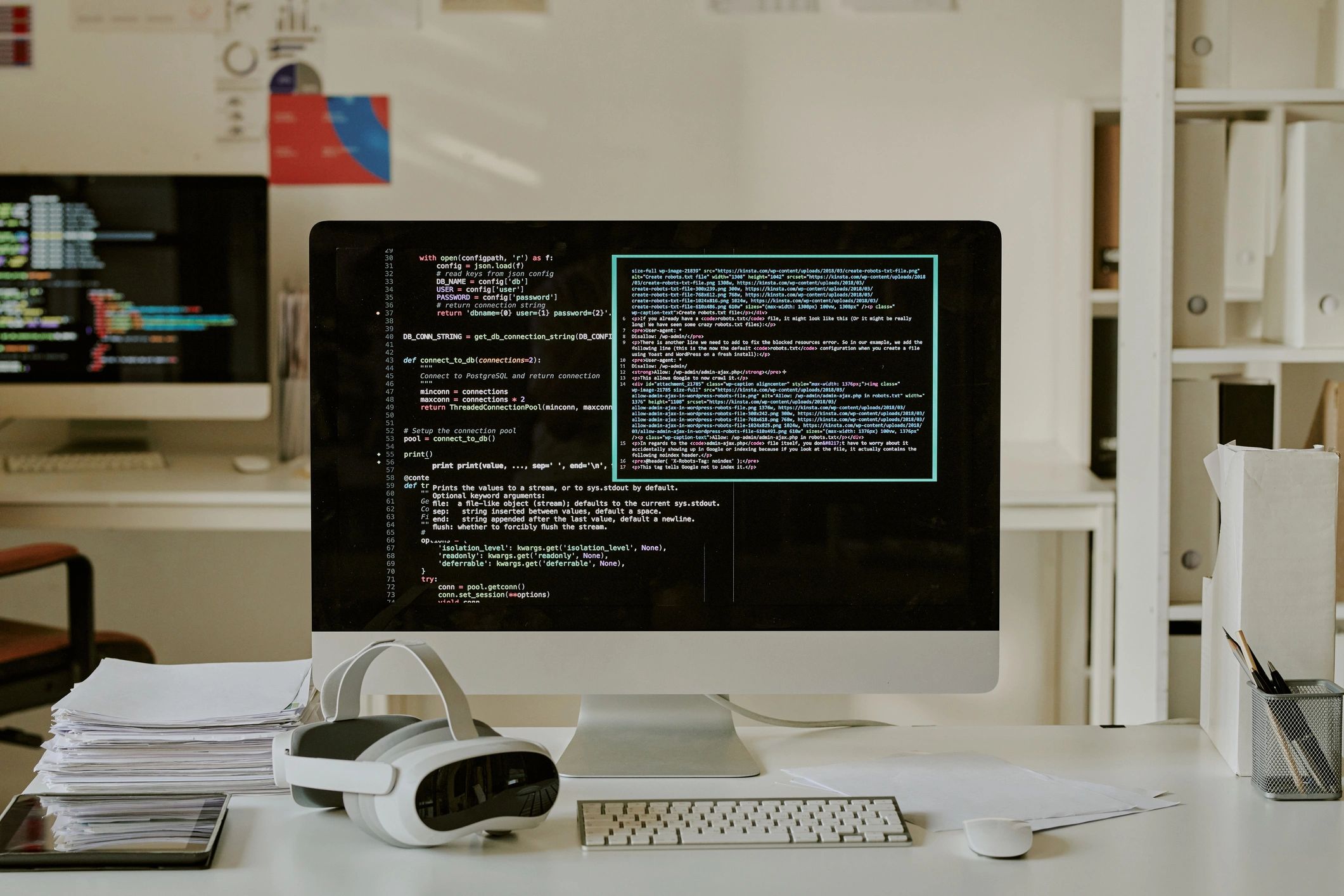 IT company workspace with monitor displaying code